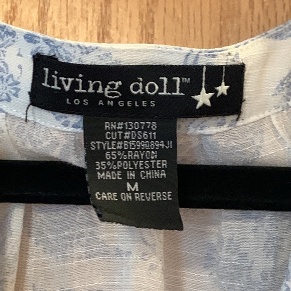 Living Doll Sheer Top in white & blue with crochet accents size medium - Picture 2 of 4